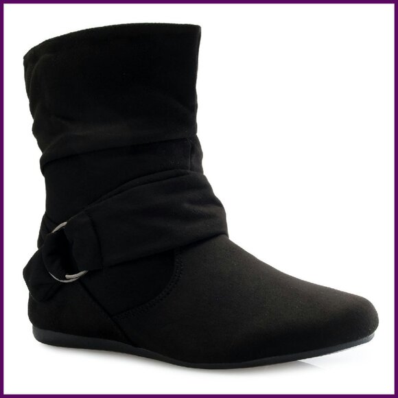 Low Heel Slouch Suede Ankle Boots with Buckle and Side Zipper